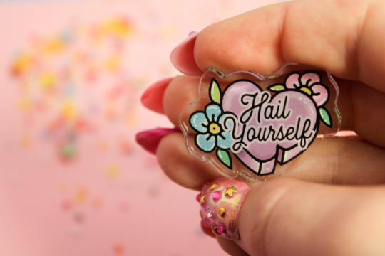 Hail Yourself - Laser Cut Illustrated Acrylic Brooch -  The last podcast on the left