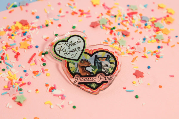 My heart belongs in jurassic park! - Laser Cut Illustrated Acrylic Brooch