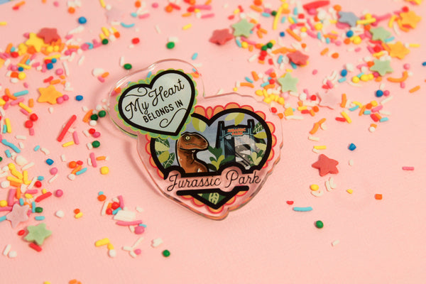 My heart belongs in jurassic park! - Laser Cut Illustrated Acrylic Brooch