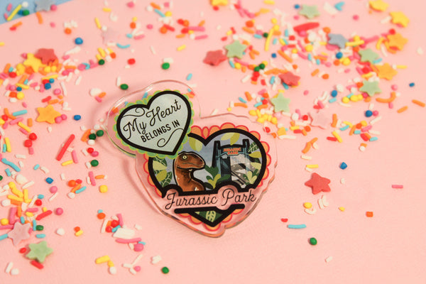 My heart belongs in jurassic park! - Laser Cut Illustrated Acrylic Brooch